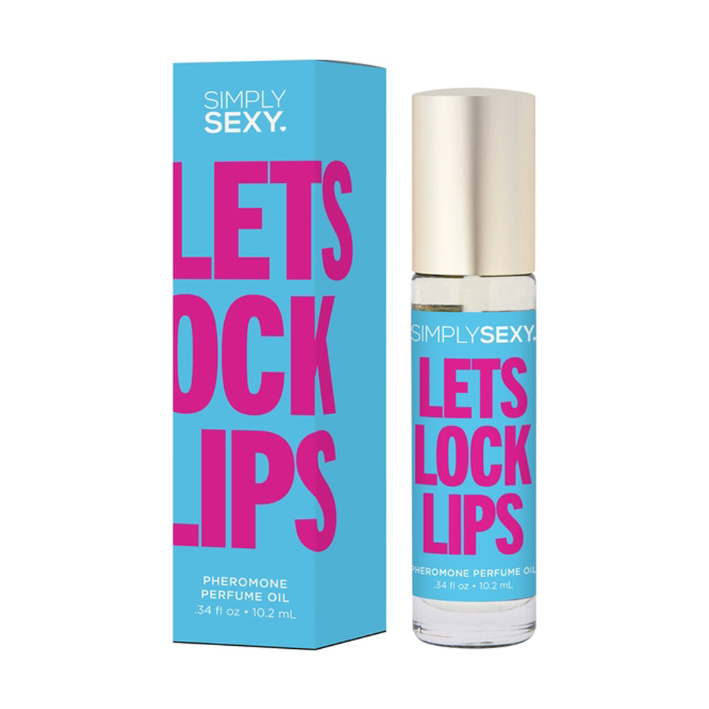 Simply Sexy Lets Lock Lips pheromone perfume oil roll-on and display box.