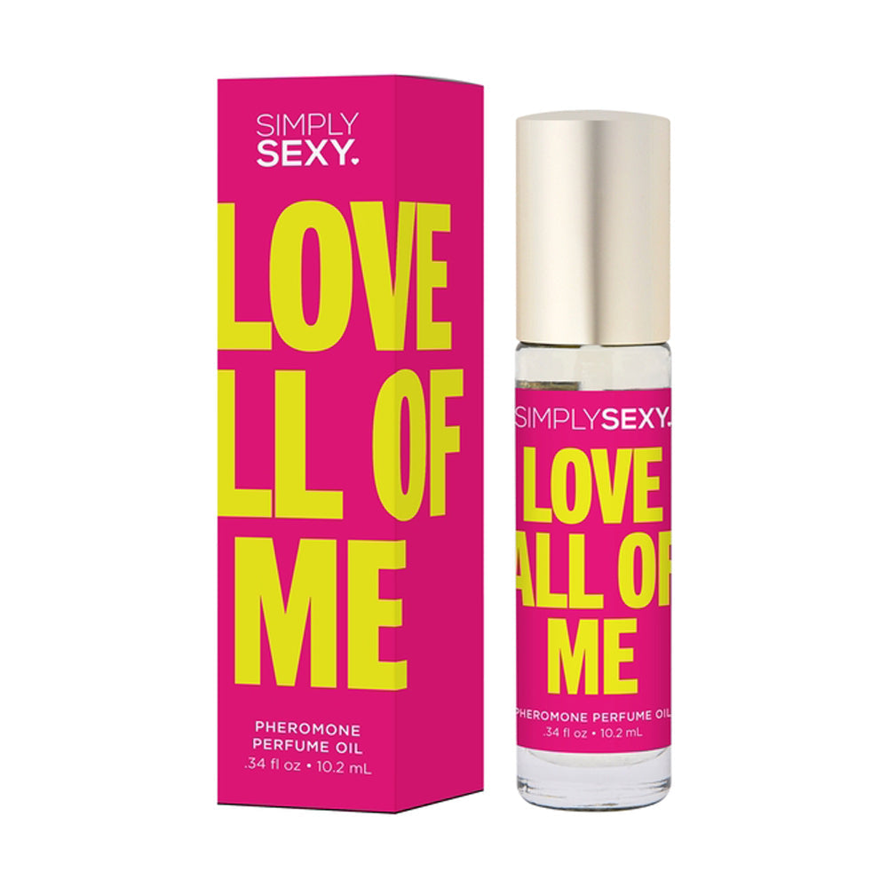 Simply Sexy Love All Of Me Pheromone Perfume Oil roll-on bottle and box.