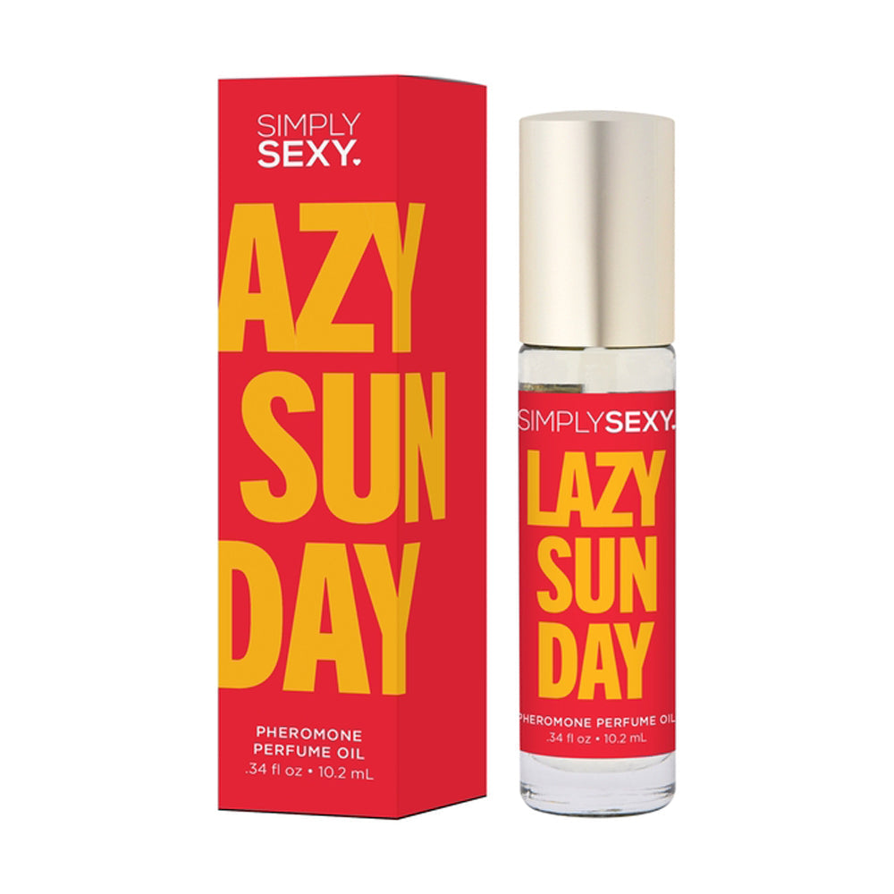 A bottle and box of Simply Sexy Lazy Sunday Pheromone Perfume Oil.