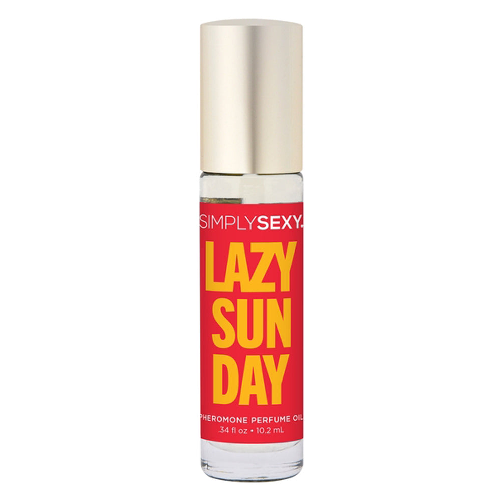 Simply Sexy Lazy Sunday Pheromone Perfume Oil in a clear bottle with a gold cap.