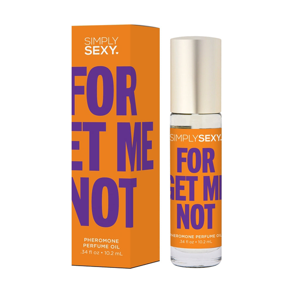 Forget Me Not Pheromone Perfume Oil by Simply Sexy in an orange box and clear bottle.