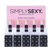 Display of Simply Sexy pheromone perfume oil roll-ons with product names.
