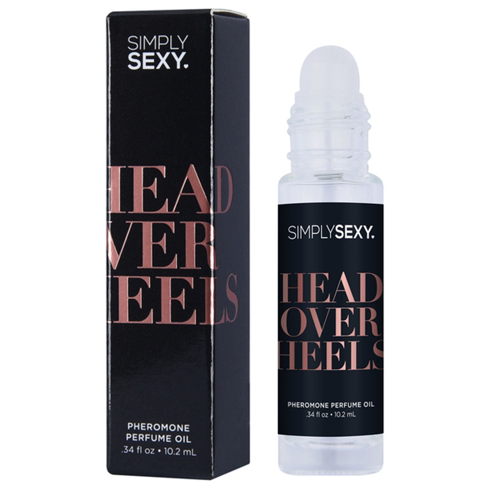 Simply Sexy Head Over Heels pheromone perfume oil roll-on bottle and box.