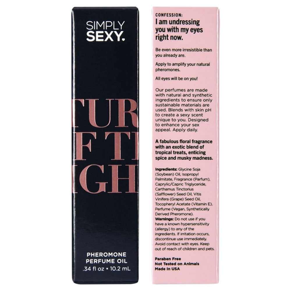 Simply Sexy Turn Off The Lights Pheromone Perfume Oil with ingredients listed.