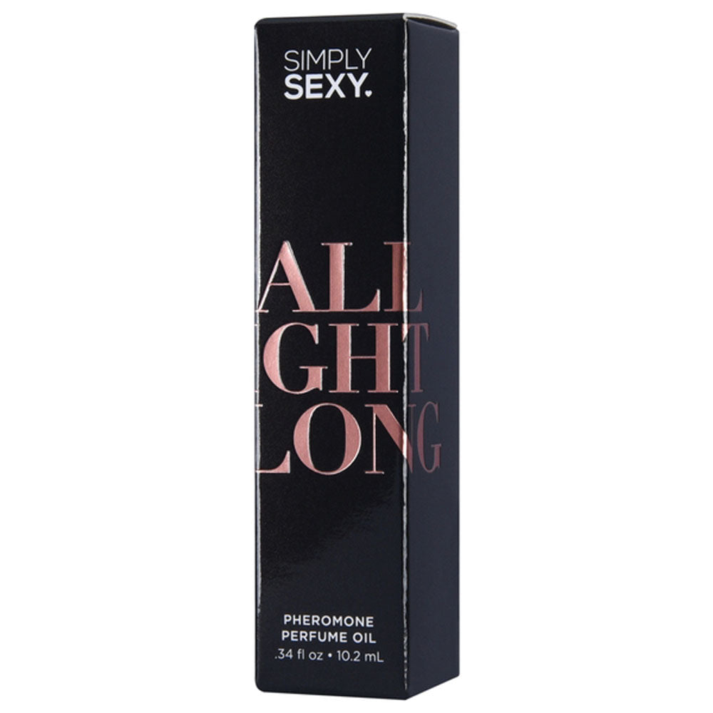 Black box with "SIMPLY SEXY. ALL NIGHT LONG" and "PHEROMONE PERFUME OIL" text.