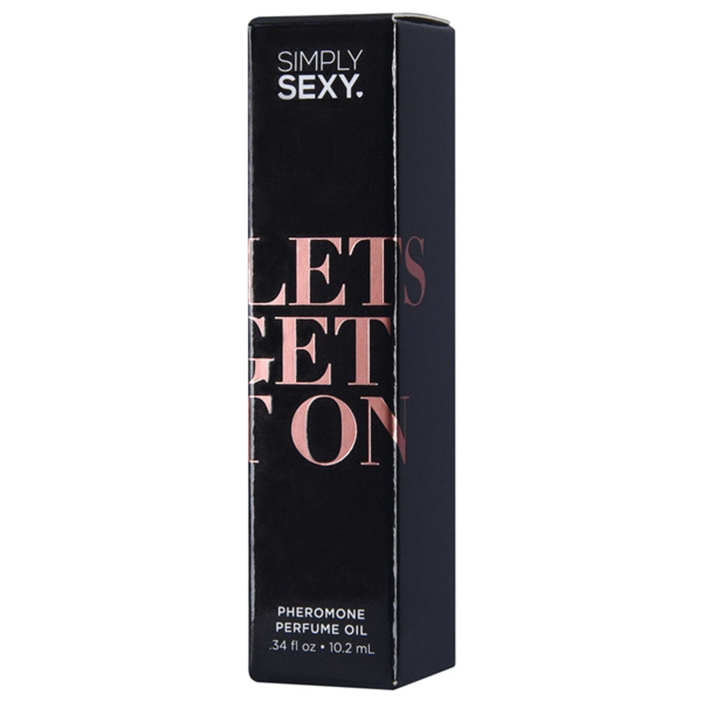 Black box with "SIMPLY SEXY" and "LETS GET ON" text, and "PHEROMONE PERFUME OIL" at the bottom.
