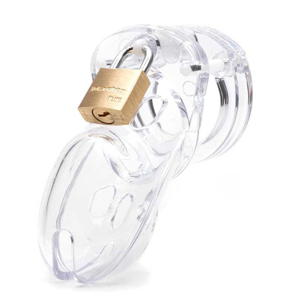Clear polycarbonate male chastity device with a brass padlock.