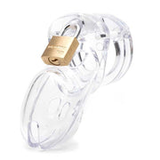 Clear polycarbonate male chastity device with a brass padlock.