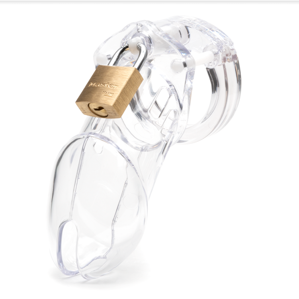 Clear polycarbonate male chastity device with a brass padlock.