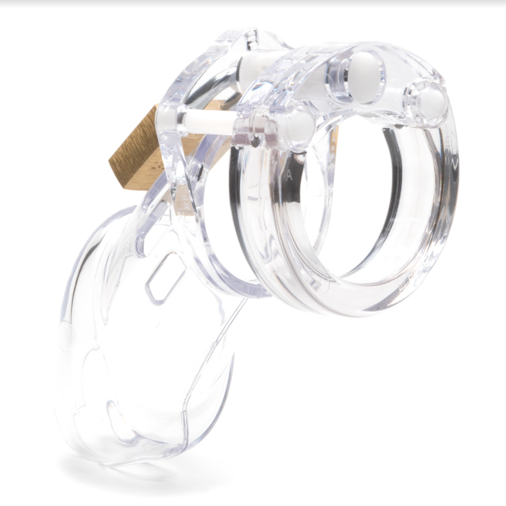 Clear polycarbonate male chastity device with a brass padlock.