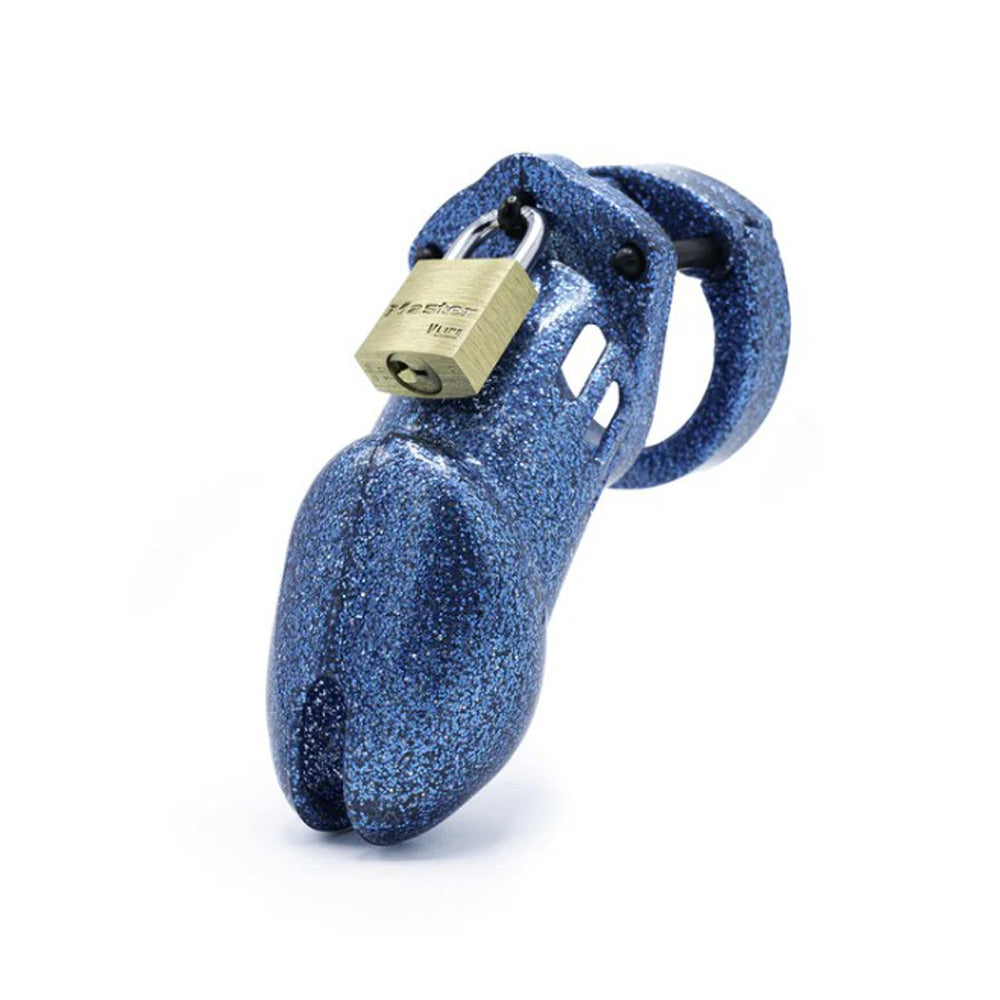 Blue glitter ABS plastic male chastity cage with a brass lock.
