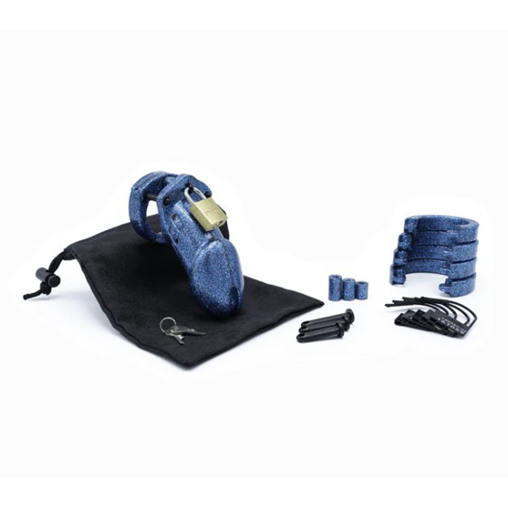 Blue glitter ABS plastic male chastity cage with lock, keys, rings, and bag.