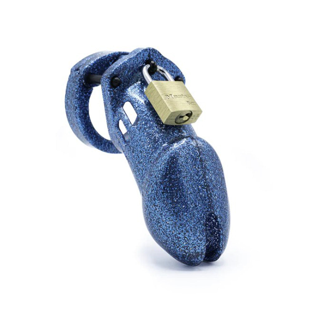Blue glitter ABS plastic male chastity cage with a brass lock.