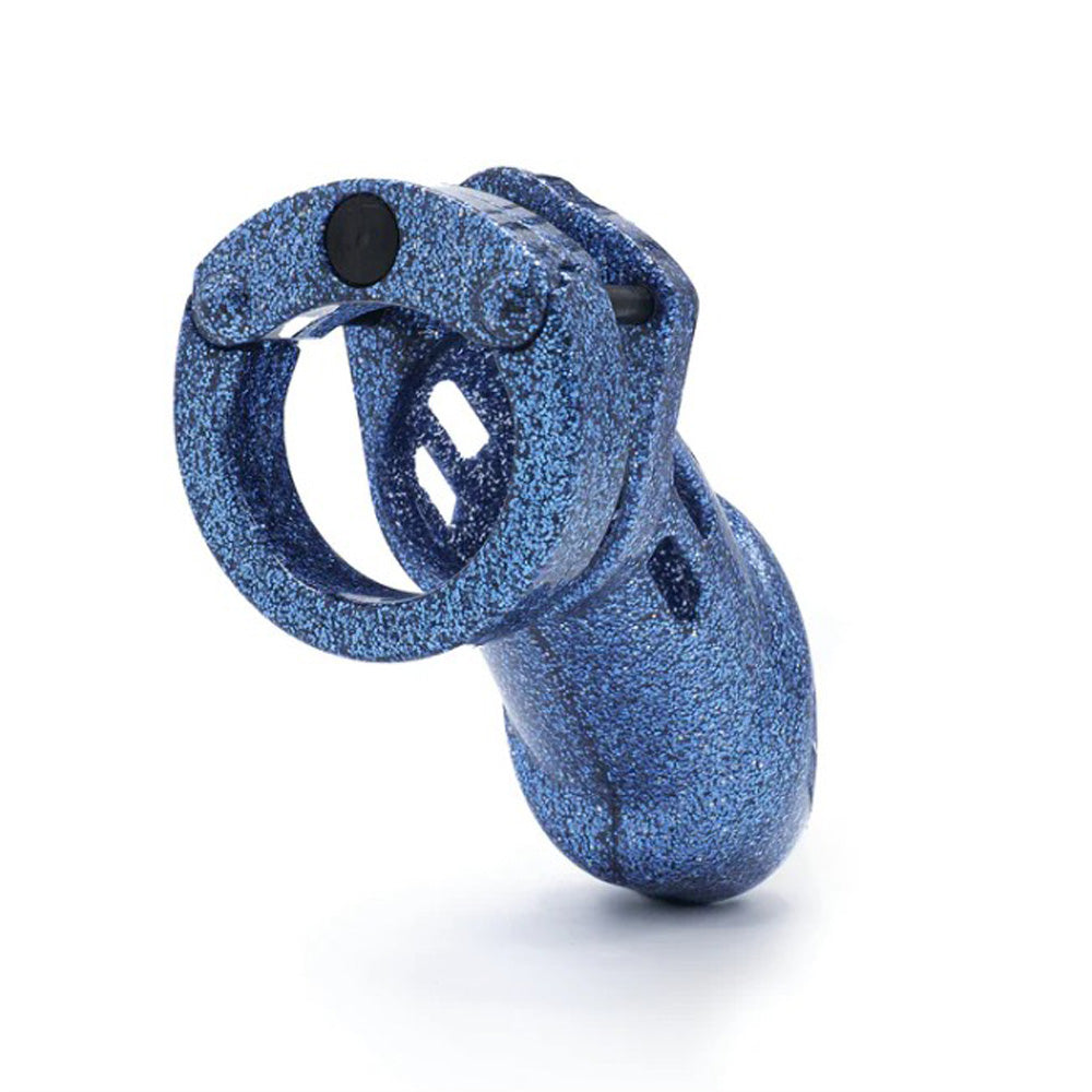 Blue glitter ABS plastic male chastity cage with a circular opening.