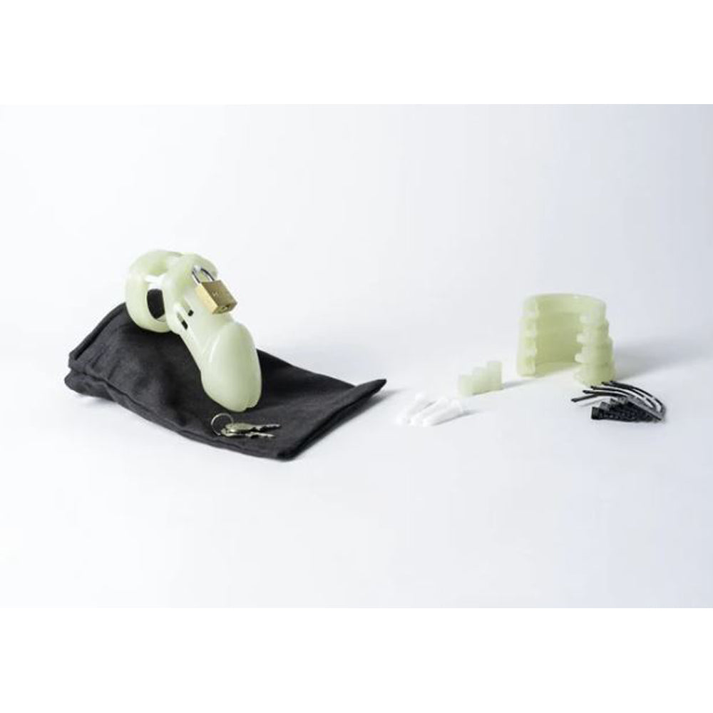 Glow-in-the-dark chastity cage kit with lock and keys.