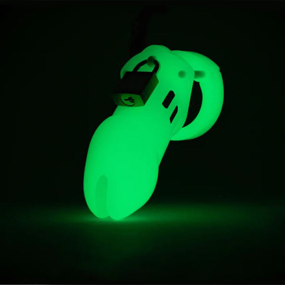 Glow-in-the-dark chastity cage with a padlock.