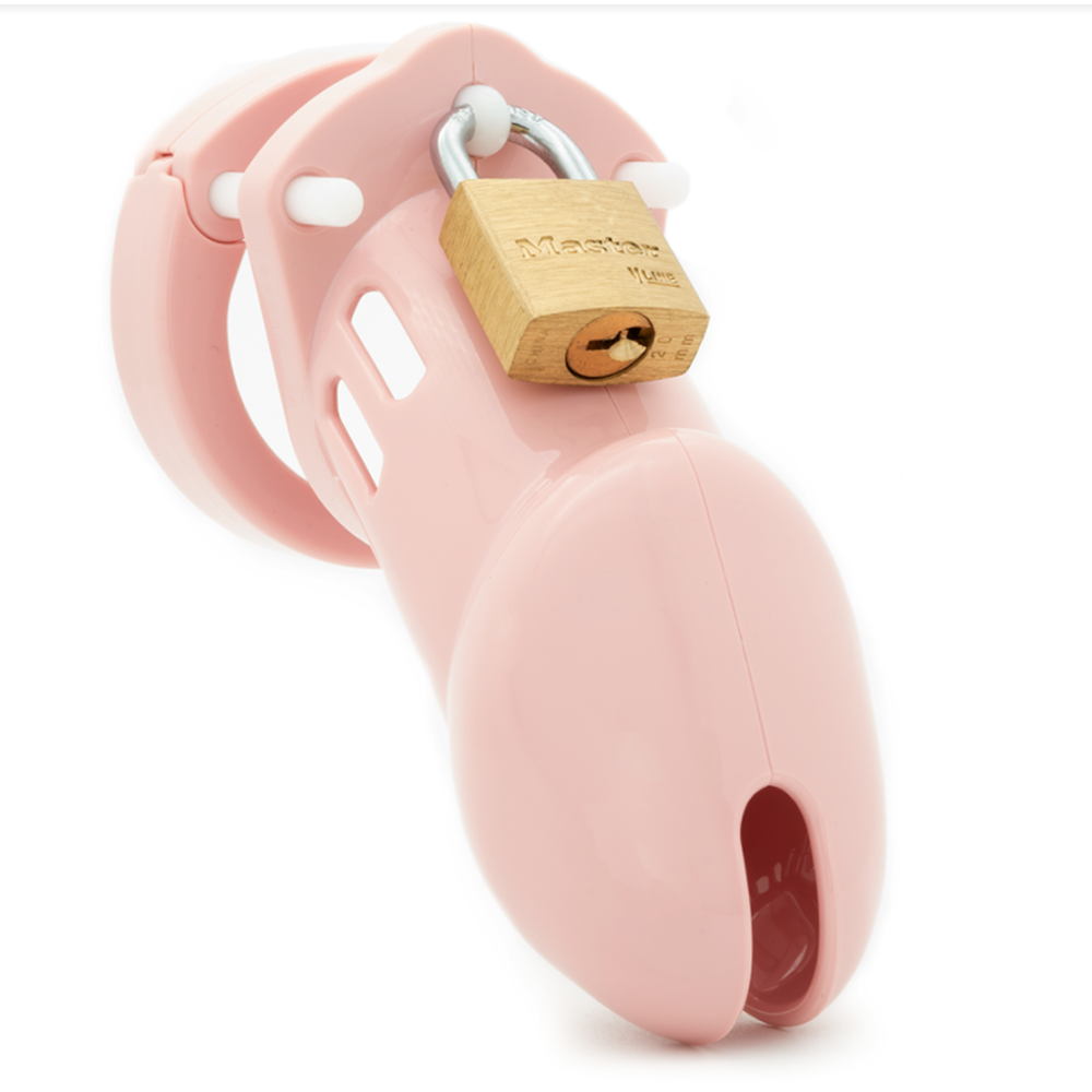 Pink polycarbonate chastity device with a brass padlock.