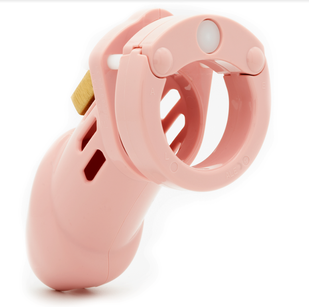 Pink polycarbonate chastity device with a small padlock.