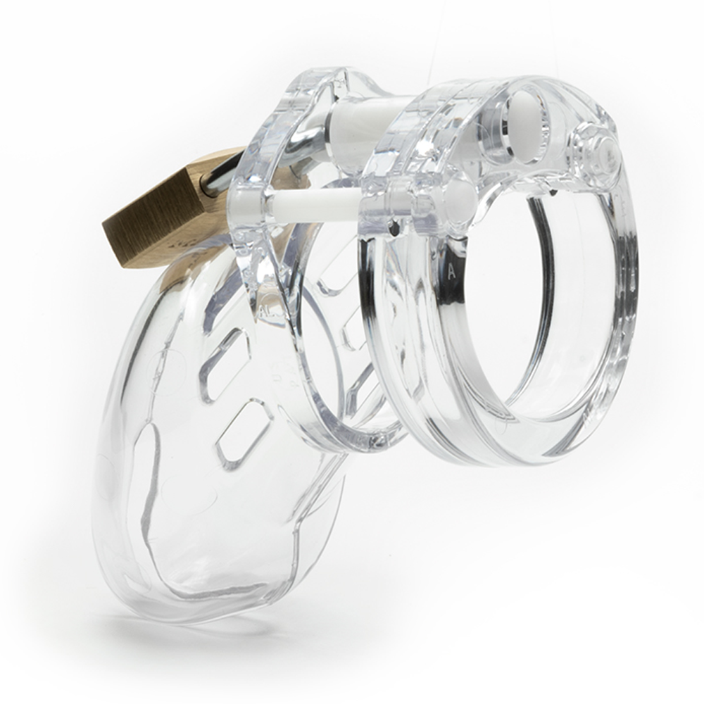Clear polycarbonate chastity cage with a brass padlock.