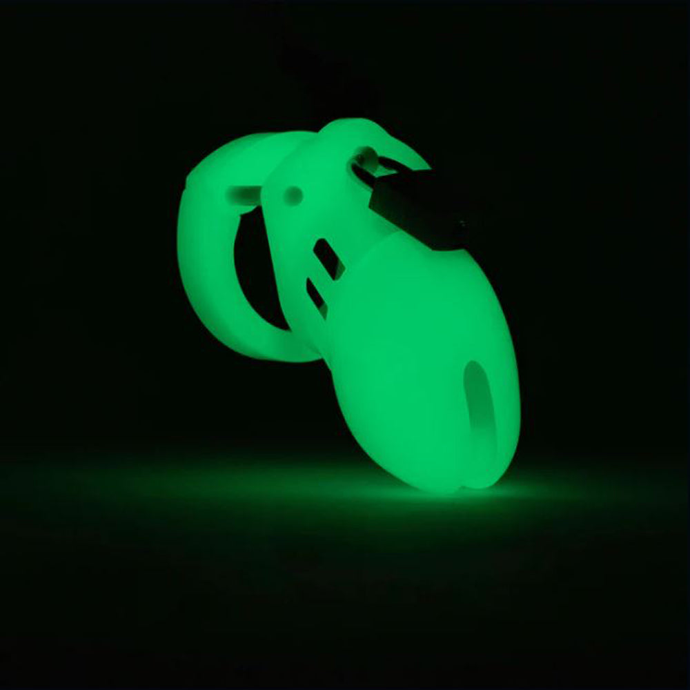 Glow-in-the-dark chastity cage kit with a curved design.