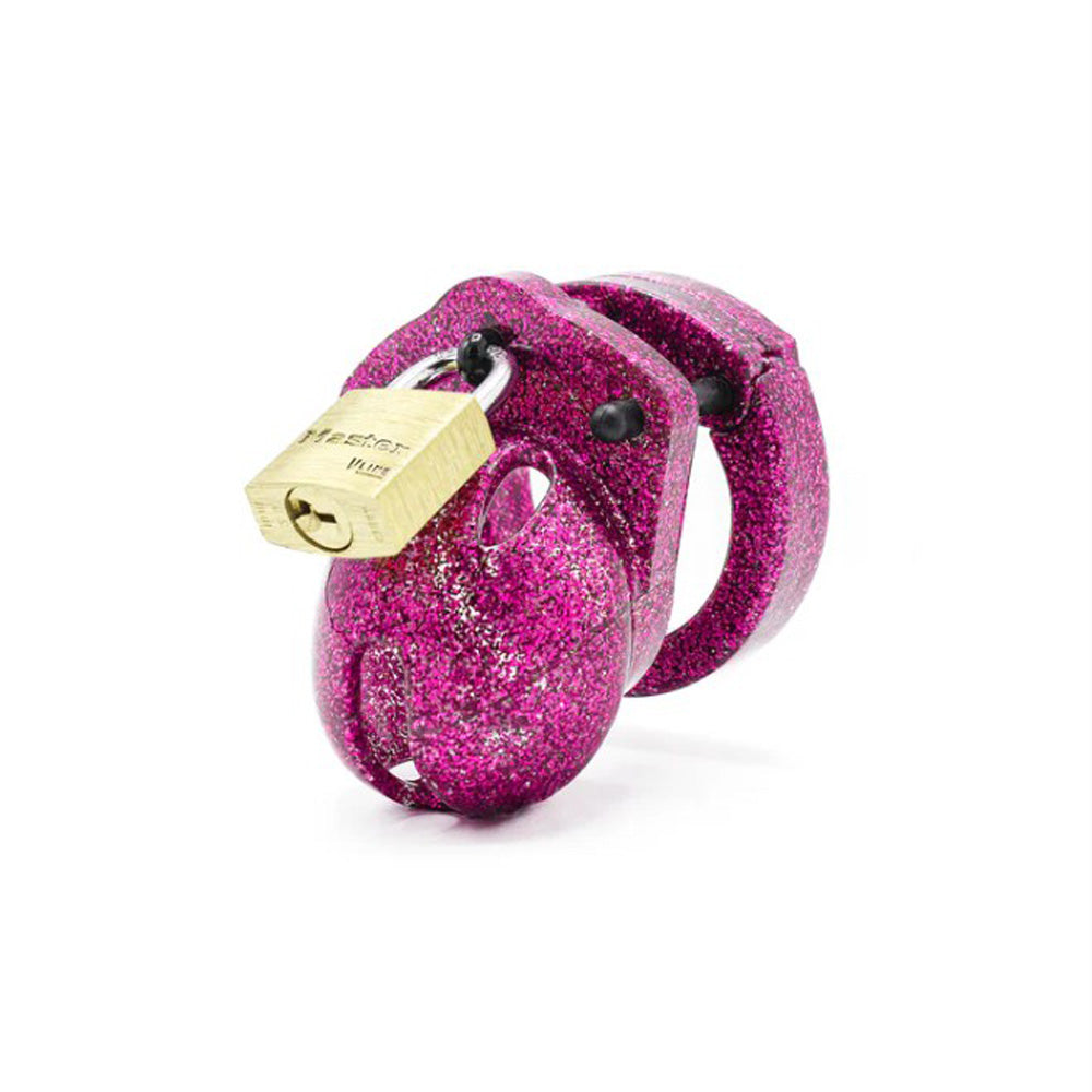 Pink glitter ABS micro chastity cage with a brass lock.