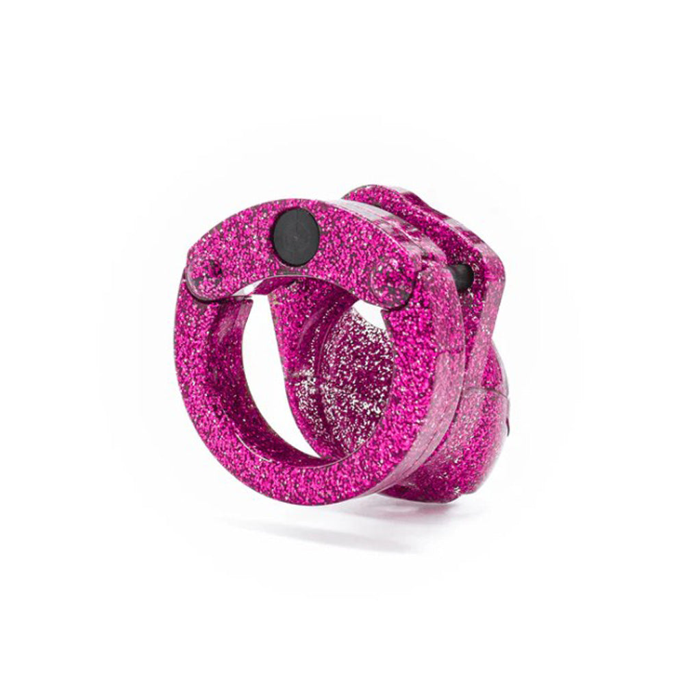 Pink glitter ABS micro chastity cage with U-rings.