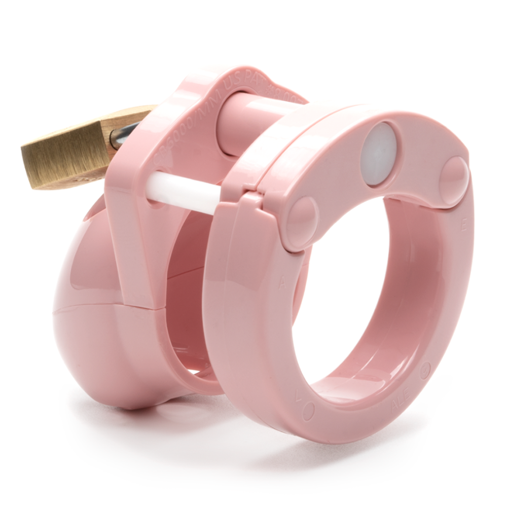 Pink polycarbonate mini chastity cage with a brass lock.