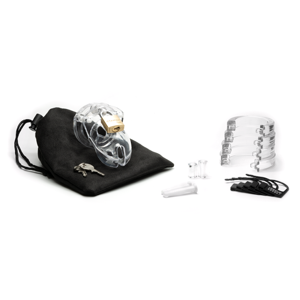 Clear polycarbonate chastity cage kit with lock, keys, and storage bag.