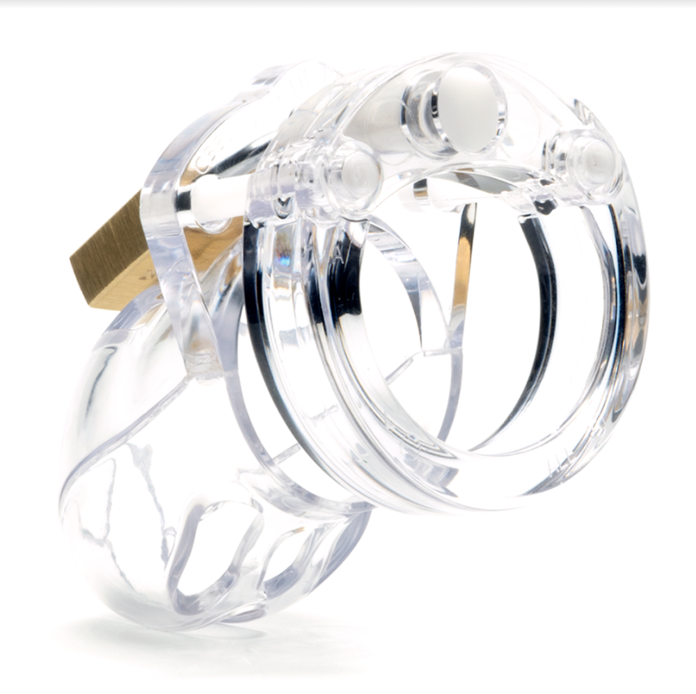 Clear polycarbonate mini chastity cock cage kit with brass lock.