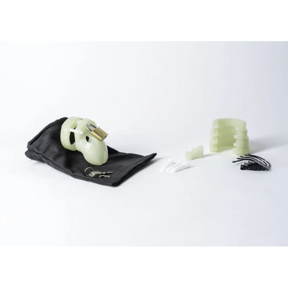 Mr. Stubb Glow-in-the-Dark Male Chastity Cage Kit with lock and keys.