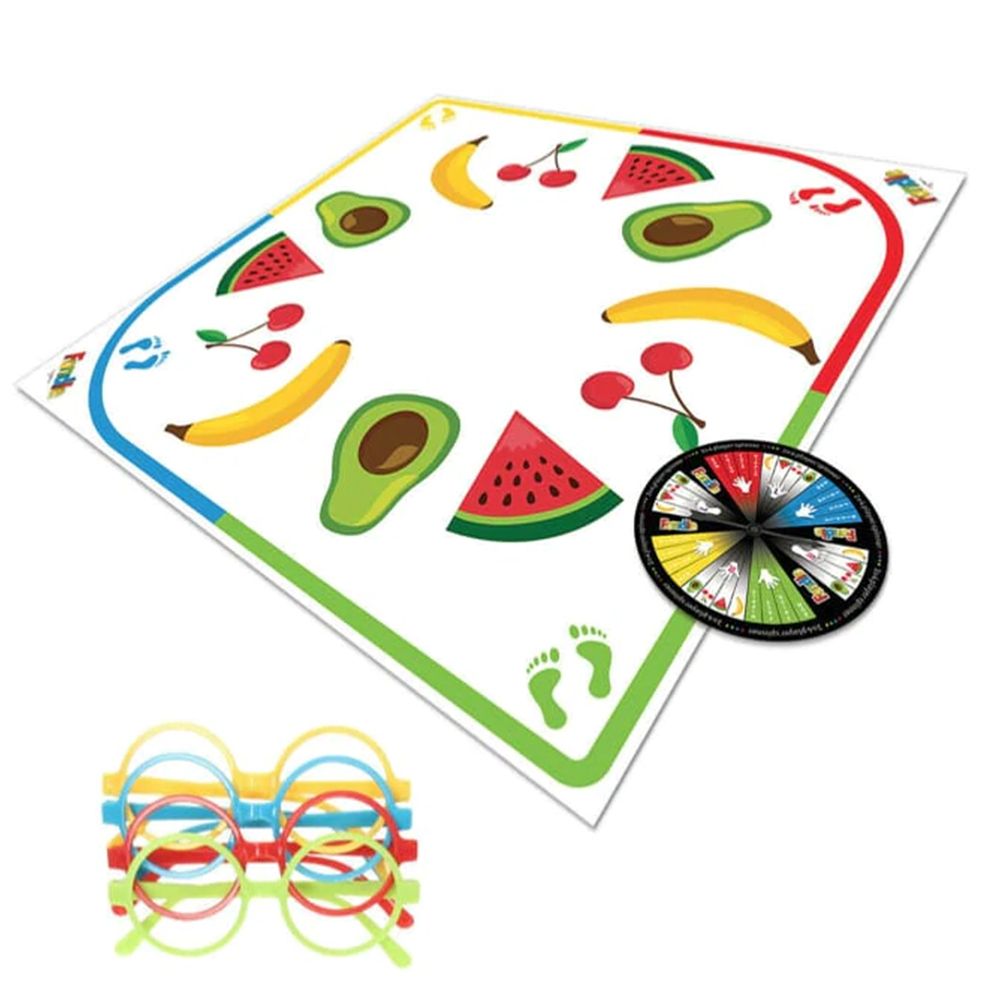 Adult party board game with a fruit-themed play mat, spinner, and glasses.