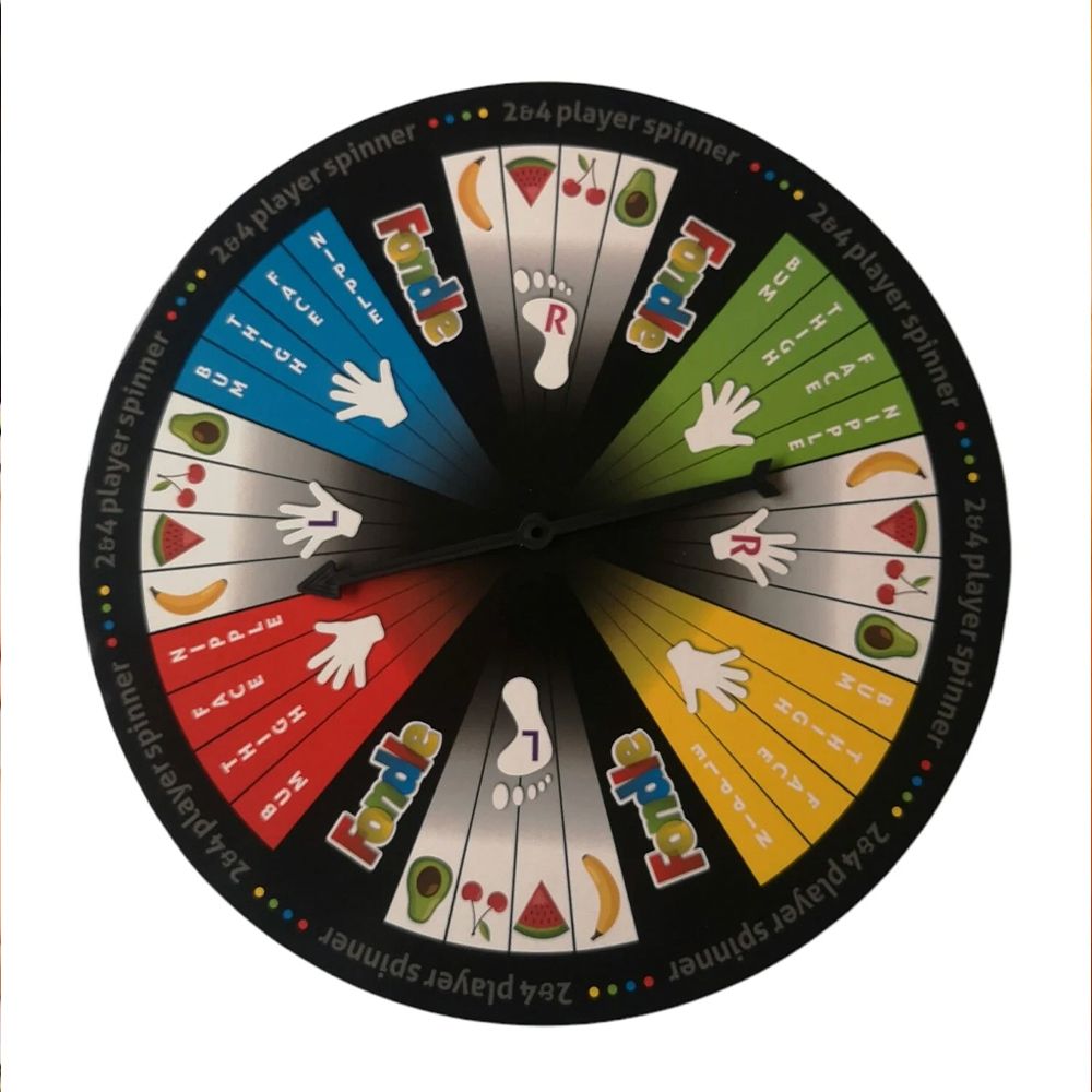 A circular spinner for the Fondle adult party game with colorful sections and body part prompts.