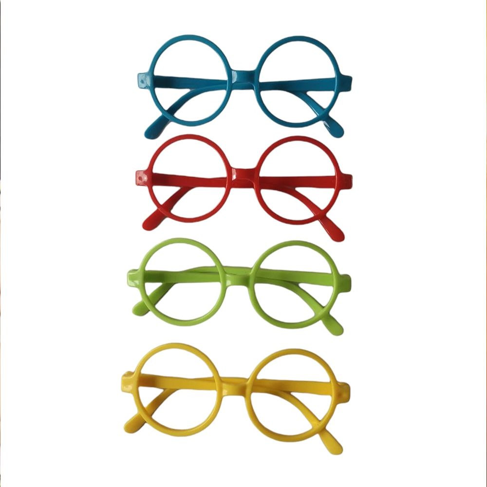 Four pairs of round novelty glasses in blue, red, green, and yellow.
