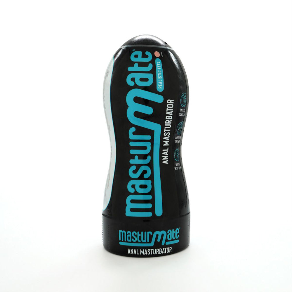 Masturmate anal masturbator with realistic texture in a black bottle.