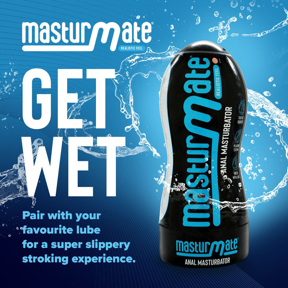 Masturmate anal masturbator with realistic texture in a black squeezable container.