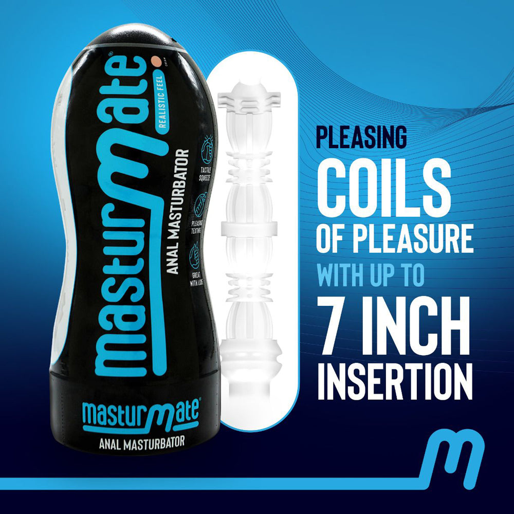 Masturmate anal masturbator with realistic texture in a black container.