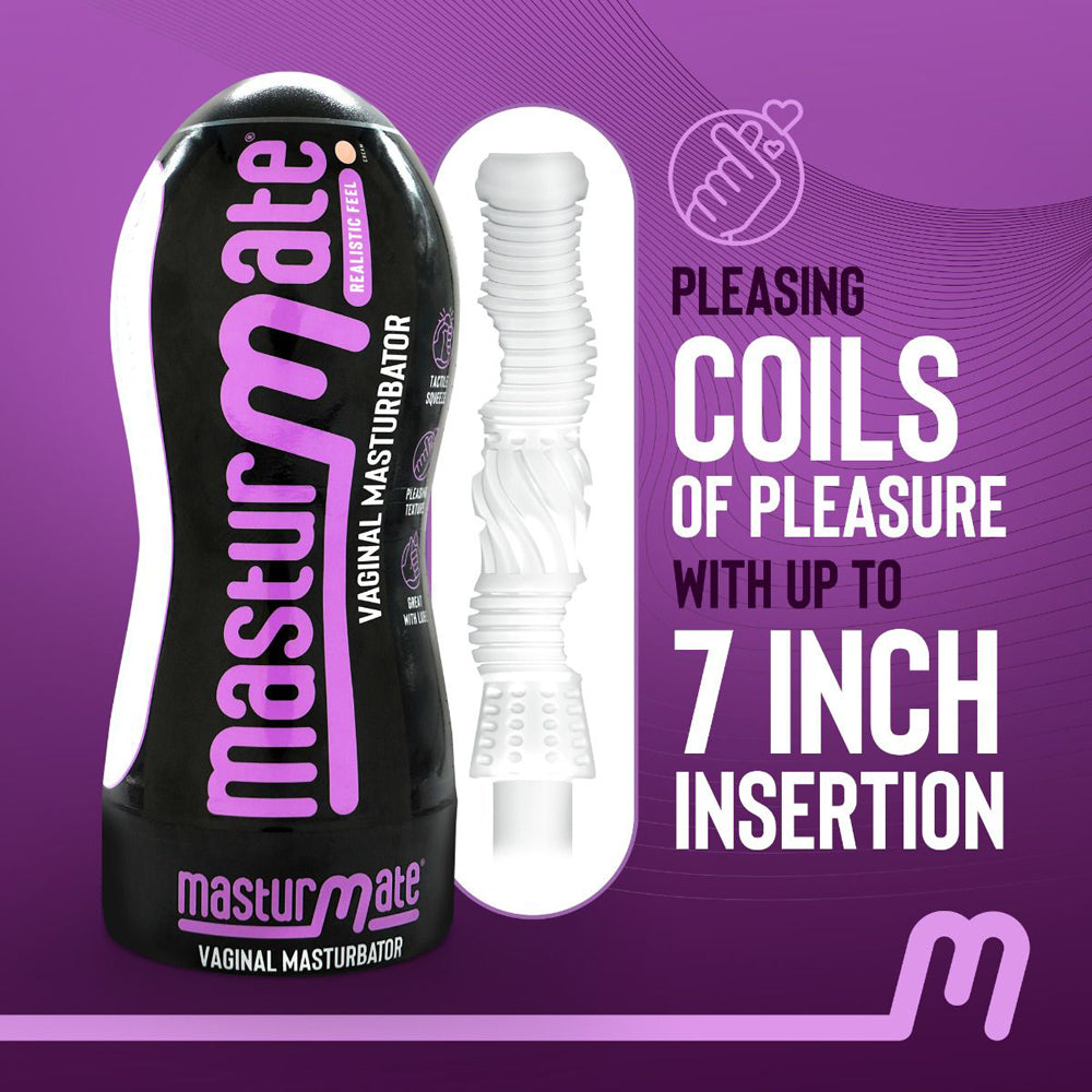 Realistic vaginal masturbator with a textured sleeve.
