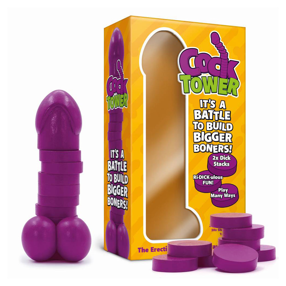 Cock Tower wooden stacking party game in purple packaging with phallic blocks.