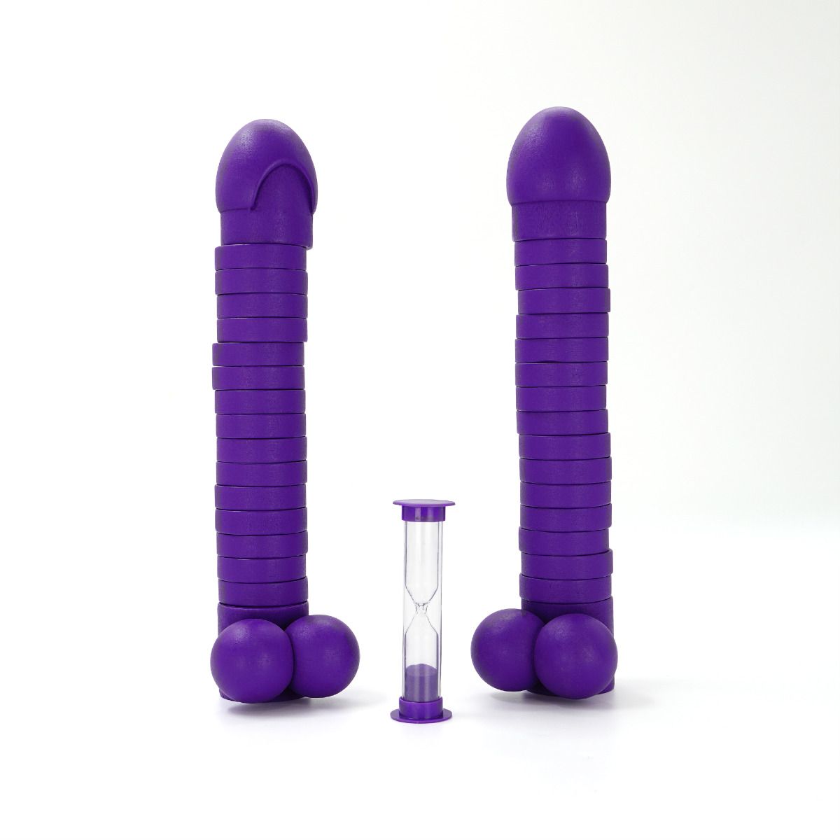 Purple silicone cock tower stacking game with balls, segments, and sand timer.