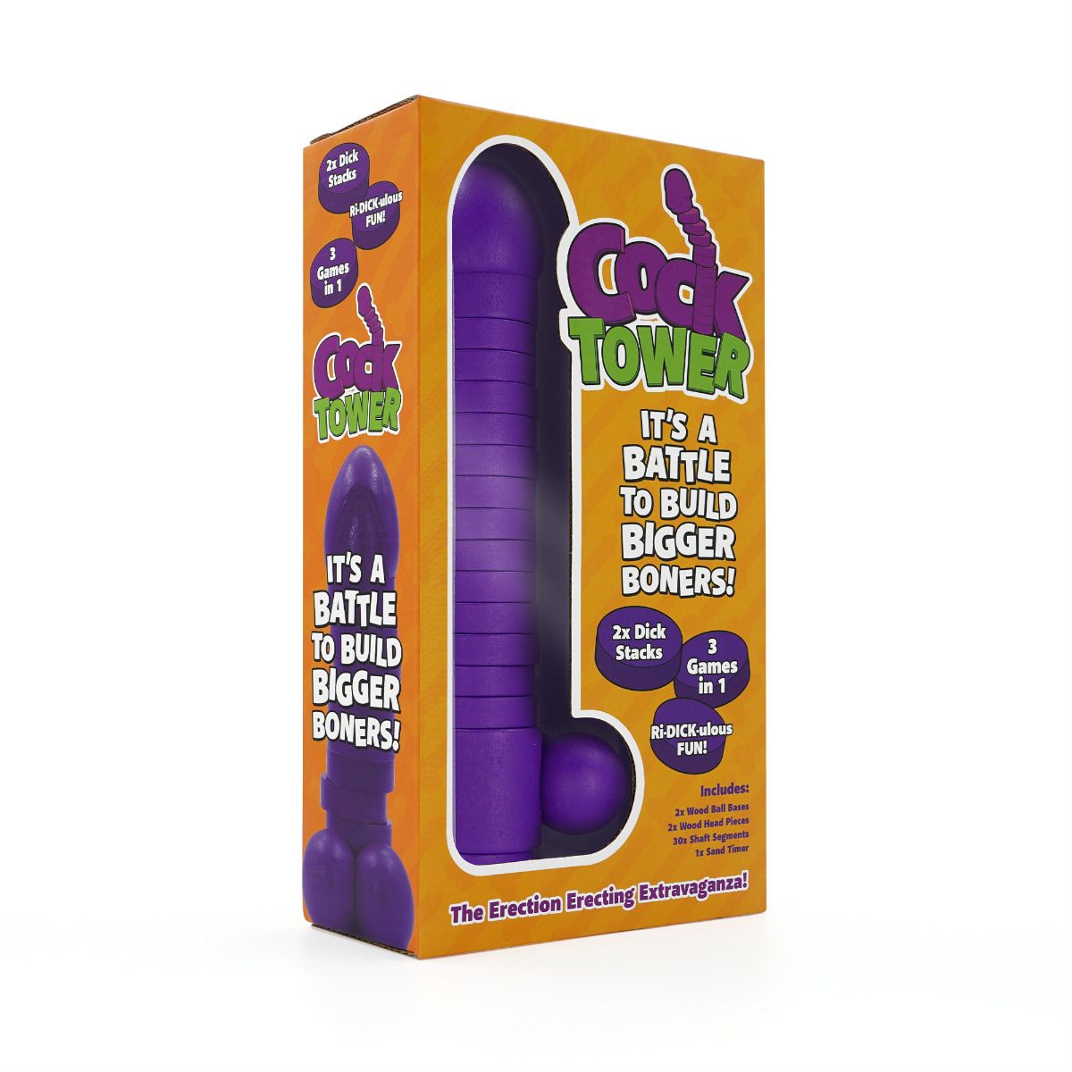 A wooden stacking game called Cock Tower with purple phallic-shaped pieces.