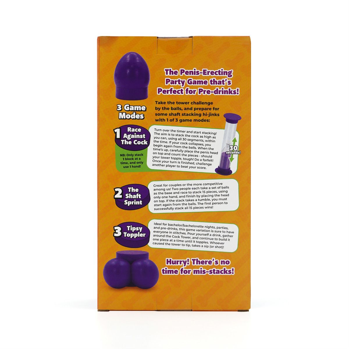 A purple penis-shaped stacking game with three game modes.