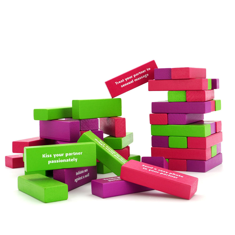A tower of colorful wooden blocks with erotic suggestions for couples.