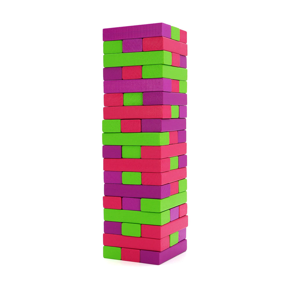 A colorful block stacking game with pink, purple, and green blocks.