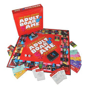 A red board game box and game board for "The Really Cheeky Adult Board Game For Friends".