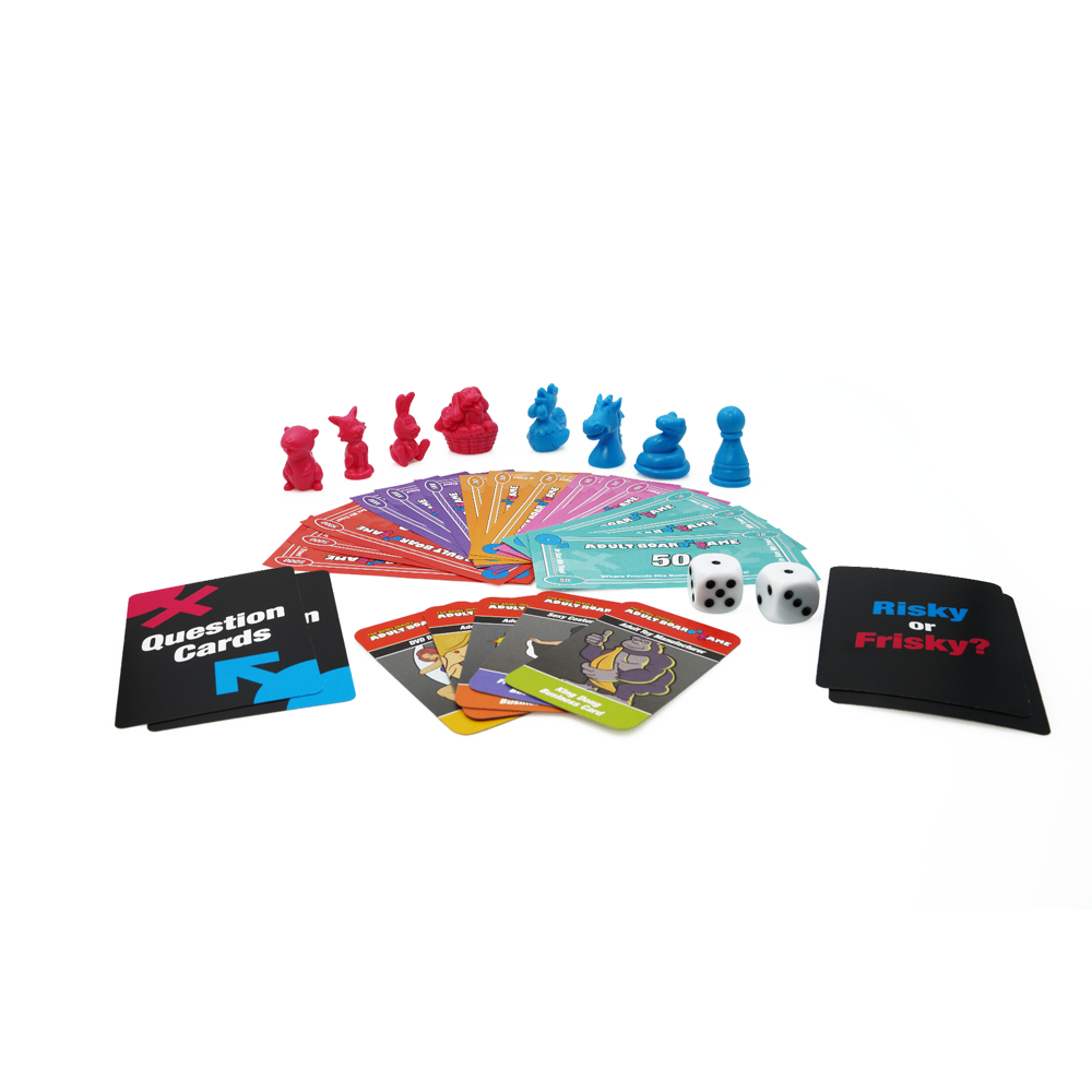 Sexopoly adult board game with cards, dice, and game pieces.