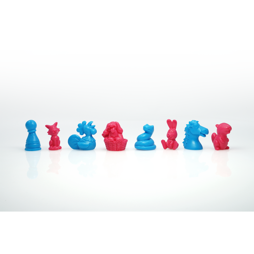 Blue and pink plastic game pieces including a pawn, cat, rooster, dog, snake, rabbit, horse, and dinosaur.