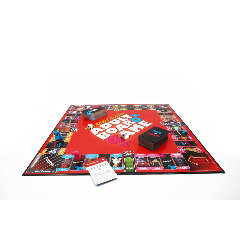 A red Sexopoly adult board game with cards and game pieces.