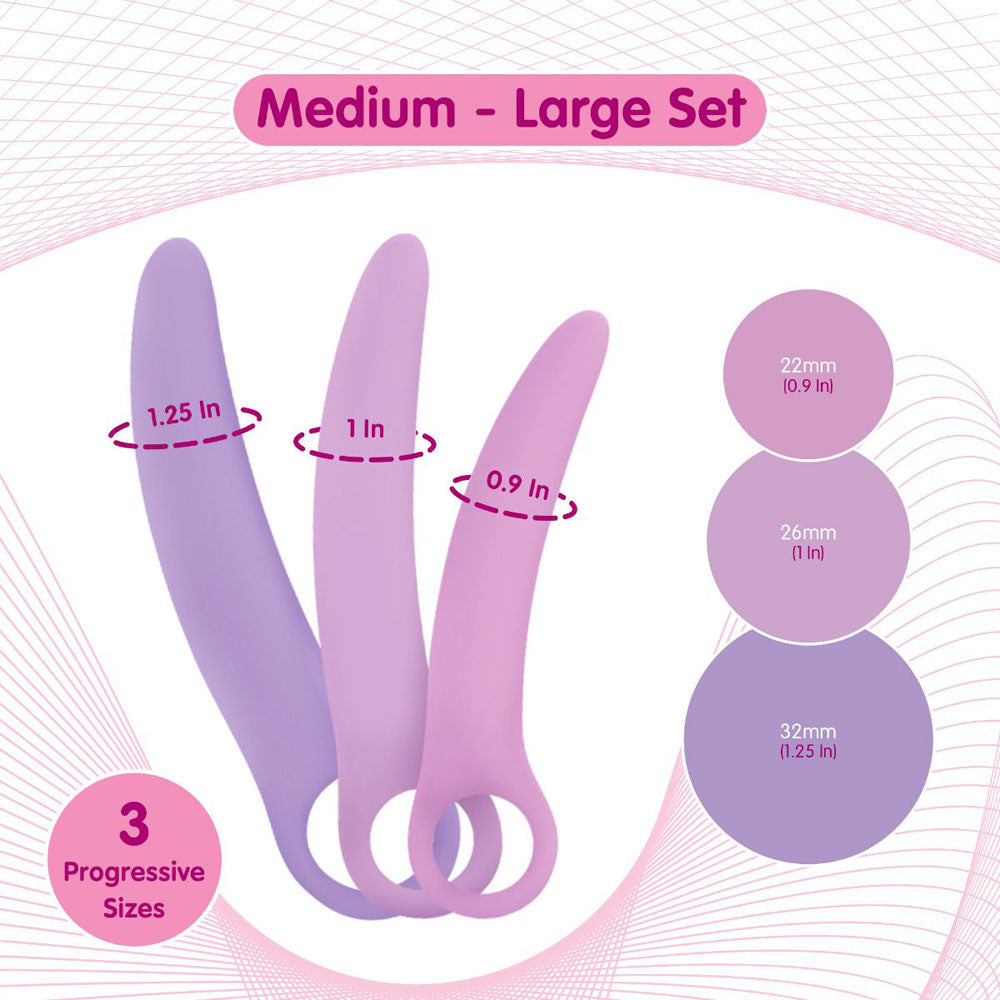 Curved silicone dilator set in medium-large sizes with measurements.