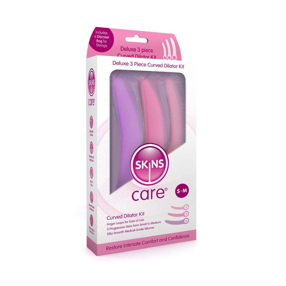 Skins Care curved silicone dilator set with three progressive sizes.