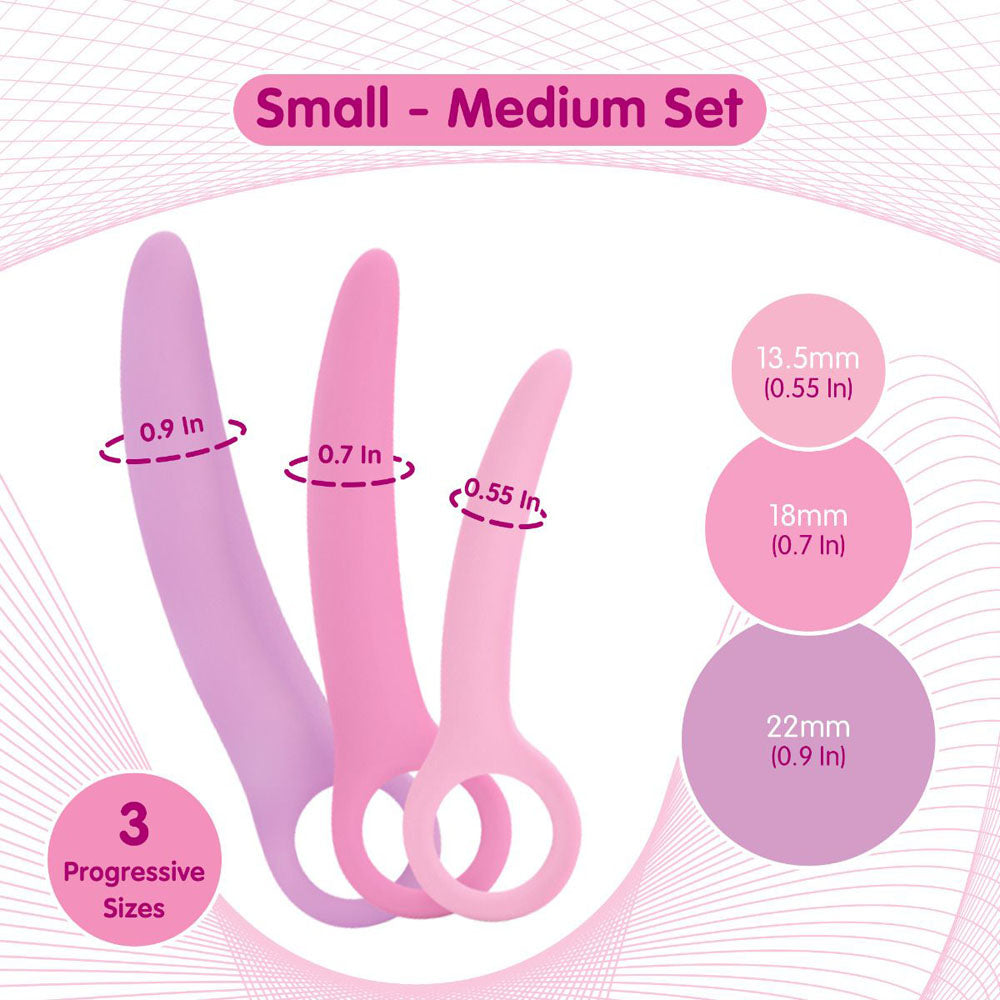 Three curved silicone dilators in pink and purple, with size indicators.